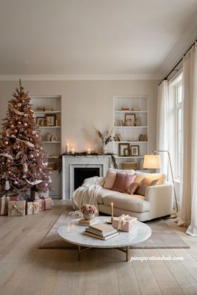Christmas decor ideas pink living room with blush tree and elegant rose gold holiday accents