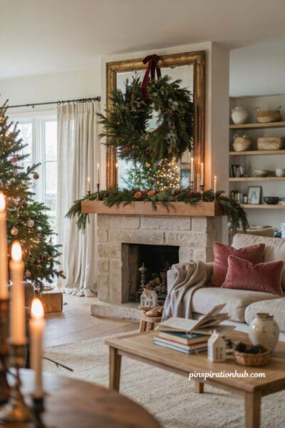 Christmas mantel decor with wreath over mirror and elegant holiday fireplace styling