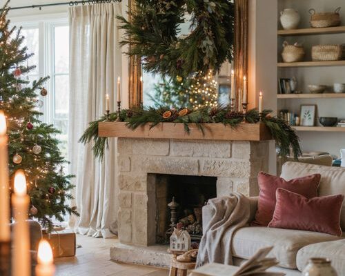 Christmas mantel decor with wreath over mirror and elegant holiday fireplace styling