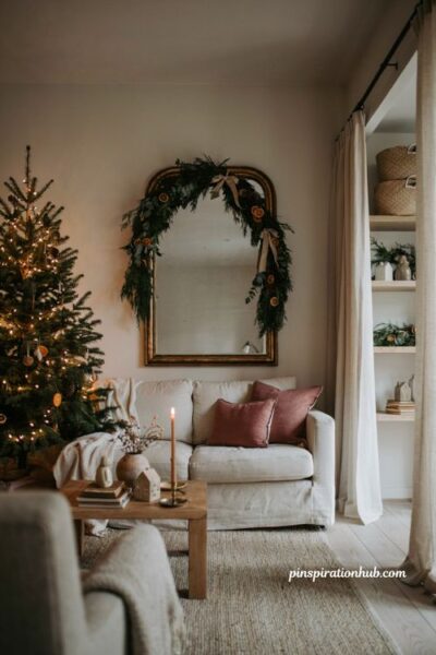 Christmas mirror decor with evergreen garland and cozy holiday living room styling