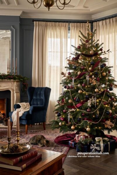 Christmas tree color scheme ideas with burgundy navy and gold holiday decor