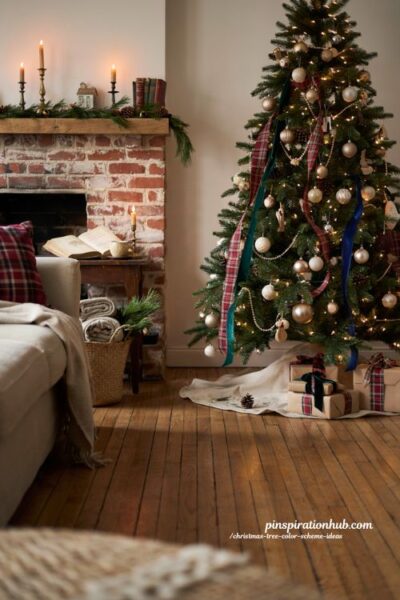 Christmas tree color scheme ideas with interchangeable ribbon and neutral ornaments
