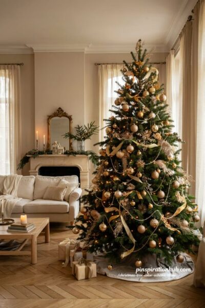 Christmas tree color scheme ideas with layered gold ornaments and luxurious holiday decor