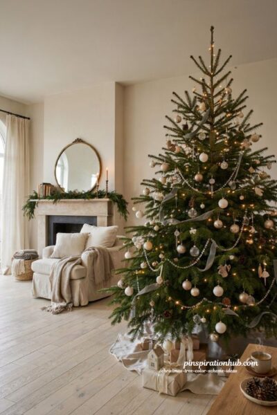 Christmas tree color scheme ideas with neutral ornaments and interchangeable holiday accents