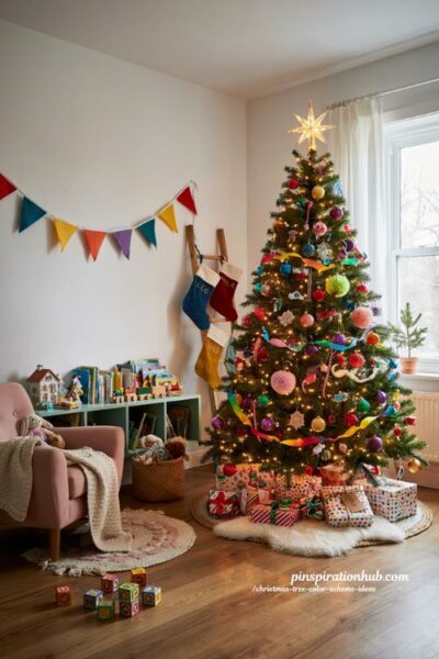 Christmas tree color scheme ideas with rainbow colorful kids room holiday decor