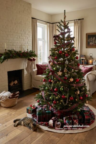 Christmas tree color scheme ideas with tartan plaid and traditional holiday decor