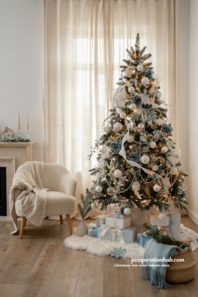 Christmas tree color scheme ideas with white and icy blue winter holiday decor