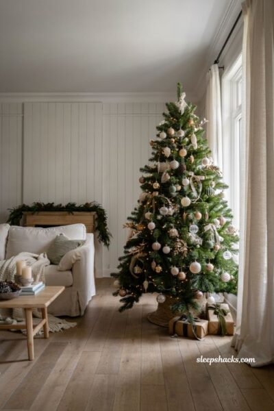 Christmas tree decor ideas with clustered ornaments for a fuller designer holiday look