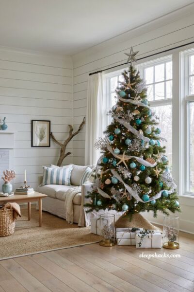 Christmas tree decor ideas with coastal chic aqua silver and white holiday theme