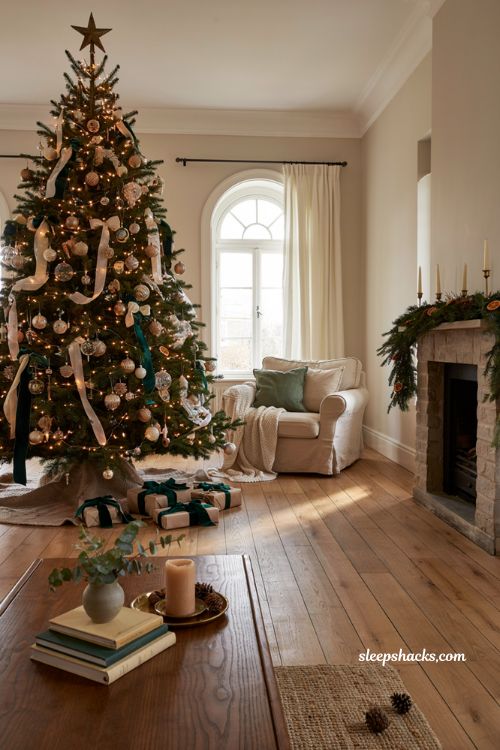 Christmas tree decor ideas with elegant ribbon lights and cozy living room styling