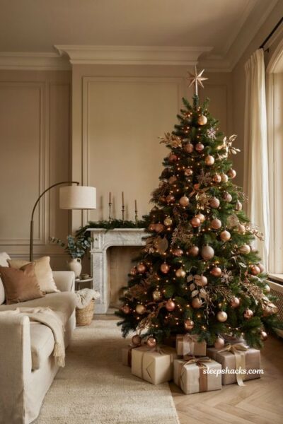 Christmas tree decor ideas with gold bronze and champagne metallic ornaments