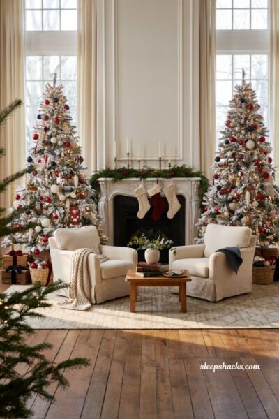 Christmas tree decor ideas with gold tinsel wrapped faux spruce and handmade pom pom ornaments