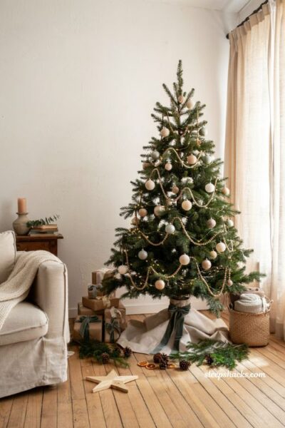 Christmas tree decor ideas with handmade fabric tree skirt and cozy holiday styling