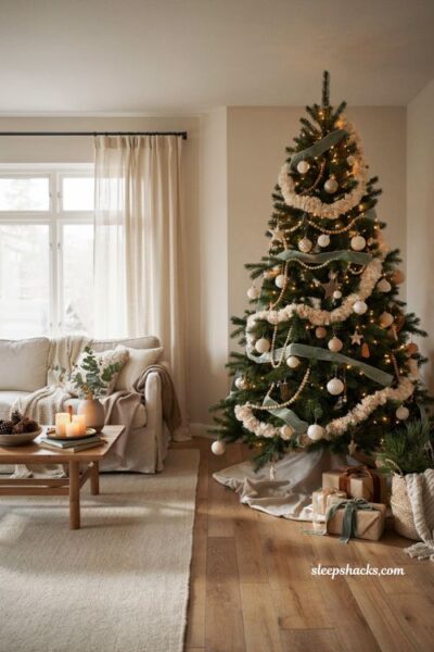 Christmas tree decor ideas with layered velvet ribbon and cream pom pom garland