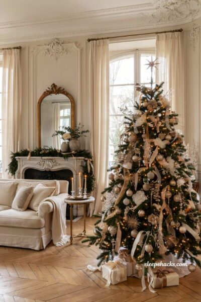 Christmas tree decor ideas with parisian palace gold champagne and ivory holiday styling