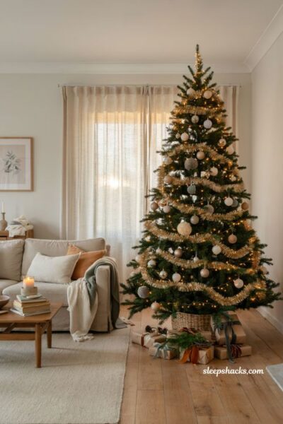Christmas tree decor ideas with perfectly sized tree for a cozy living room