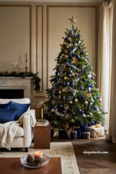 Christmas tree decor ideas with sapphire blue and gold ornaments for a regal holiday look