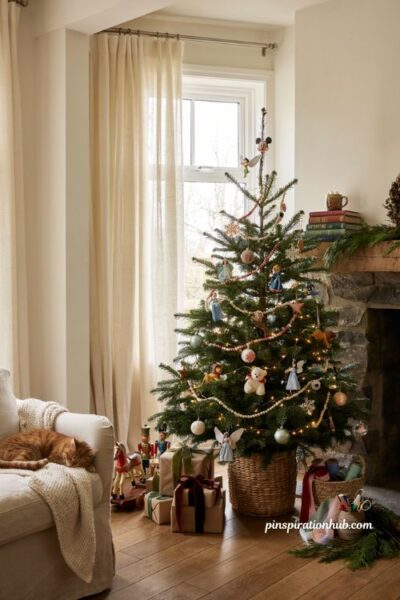 Christmas tree ideas for kids with Disney character ornaments and cozy movie themed holiday decor