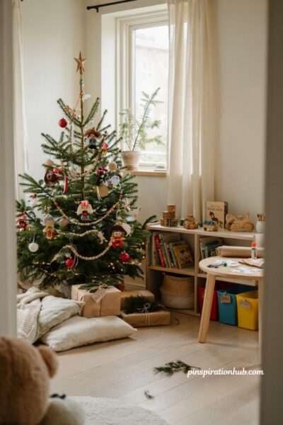 Christmas tree ideas for kids with Toy Story themed decorations and cozy playroom holiday decor
