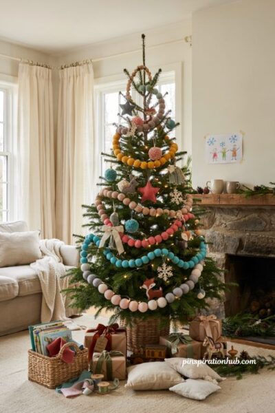 Christmas tree ideas for kids with colorful felt ball garland and cozy family holiday decor