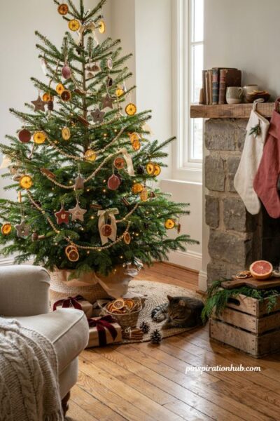 Christmas tree ideas for kids with dried citrus slice ornaments and cozy farmhouse holiday decor