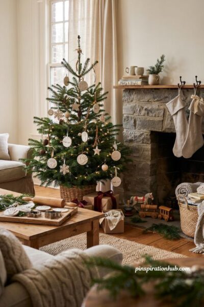 Christmas tree ideas for kids with handmade clay handprint keepsake ornaments and cozy holiday decor