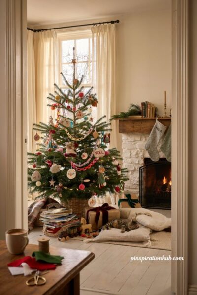 Christmas tree ideas for kids with handmade ornaments and cozy family holiday living room