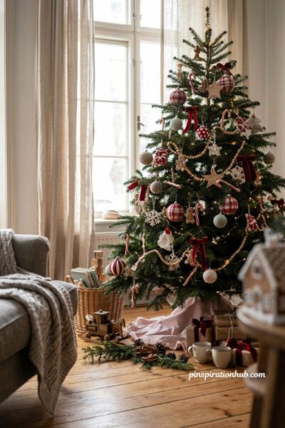 Christmas tree ideas for kids with peppermint tree skirt and cozy candy themed holiday decor