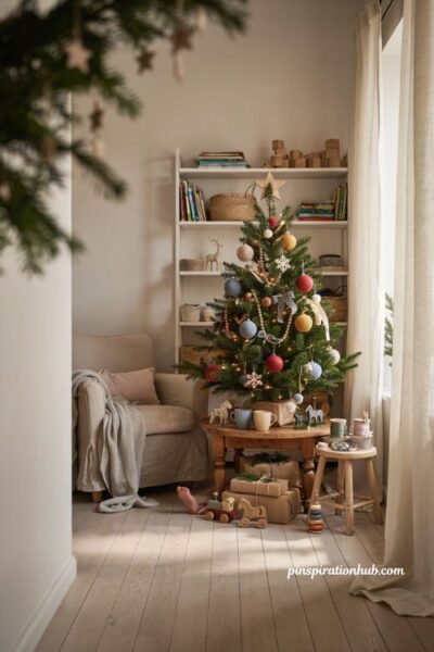 Christmas tree ideas for kids with tabletop tree decor and cozy playroom holiday setup
