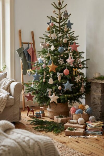 Christmas tree ideas for kids with yarn wrapped star ornaments and cozy handmade holiday decor