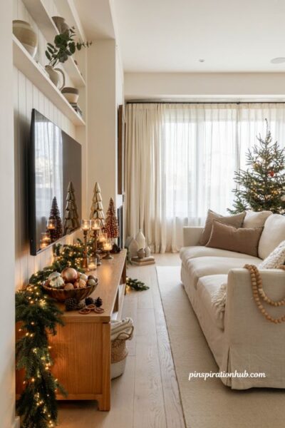 Christmas tv console decor with metallic accents and elegant holiday living room styling