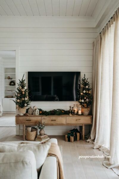 Christmas tv console decor with small potted trees and cozy symmetrical holiday styling