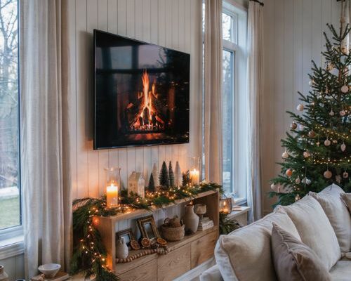 Christmas tv console decor with warm string lights and cozy fireplace glow living room
