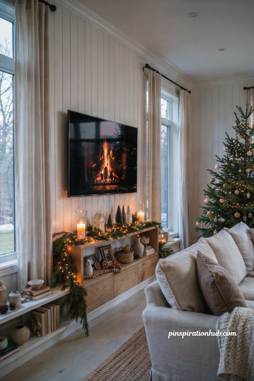 Christmas tv console decor with warm string lights and cozy fireplace glow living room