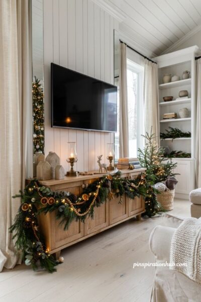 Christmas tv console with draped evergreen garland and cozy living room holiday decor