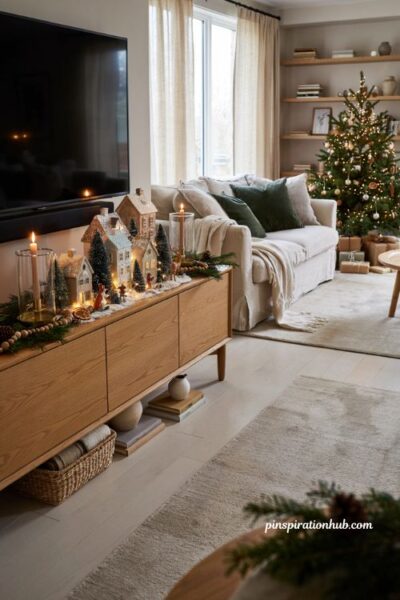Christmas village tv console decor with cozy miniature houses and holiday living room styling