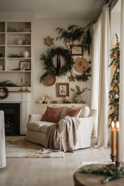 Christmas wall decor ideas for living room with cozy holiday wreath and festive wall styling