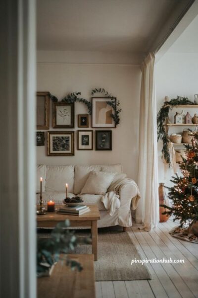 Christmas wall decor with greenery draped over frames and cozy gallery wall styling