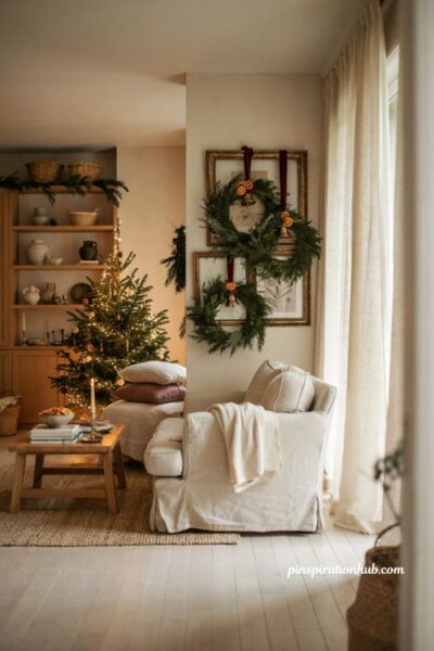 Christmas wall decor with wreaths layered over picture frames and elegant holiday styling