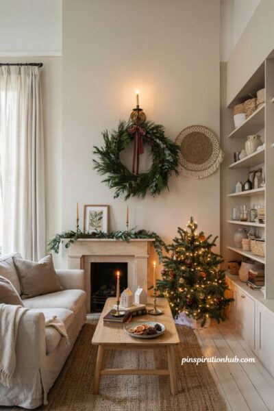 Christmas wall sconce decor with mini wreath and cozy holiday living room styling