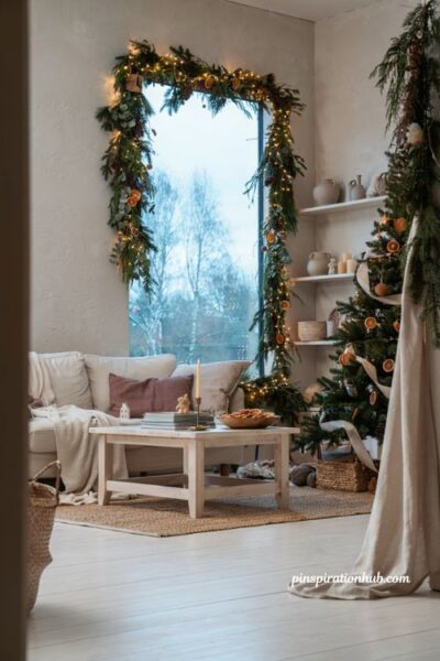 Christmas window decor with pre lit garland and cozy holiday living room styling