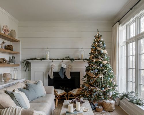 Coastal christmas decor ideas for living room with driftwood blue accents and cozy seaside holiday style