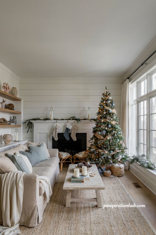 Coastal christmas decor ideas for living room with driftwood blue accents and cozy seaside holiday style
