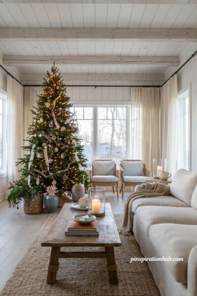 Coastal christmas living room with layered natural textures and relaxed beach house holiday decor