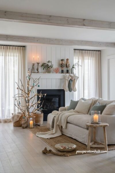 Coastal christmas living room with natural wood nutcrackers and beach house holiday decor