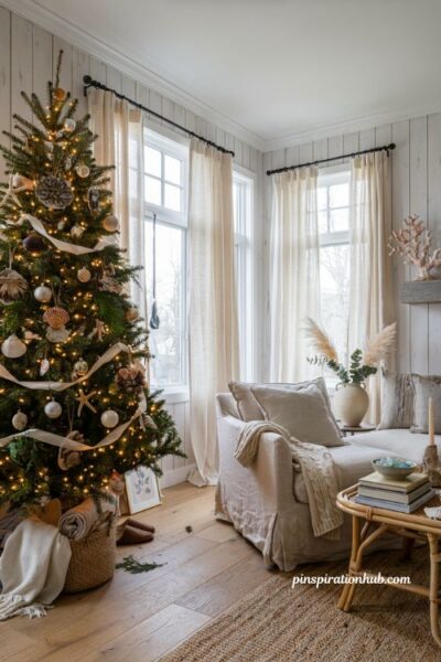 Coastal christmas tree decorated with shell ornaments and elegant seaside holiday living room