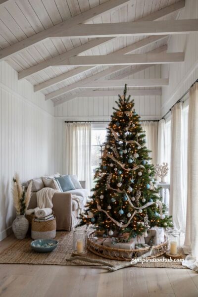 Coastal christmas tree with wicker tree collar and natural beach house holiday living room decor