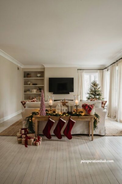 Colorful christmas tv console decor with red accents and cozy holiday living room styling