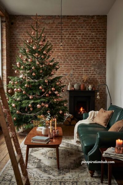 Copper and deep green christmas living room color scheme ideas