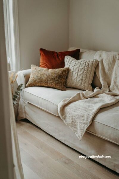 Cozy autumn throw pillows in deep rust velvet and mustard yellow knit on a neutral sofa for fall decor